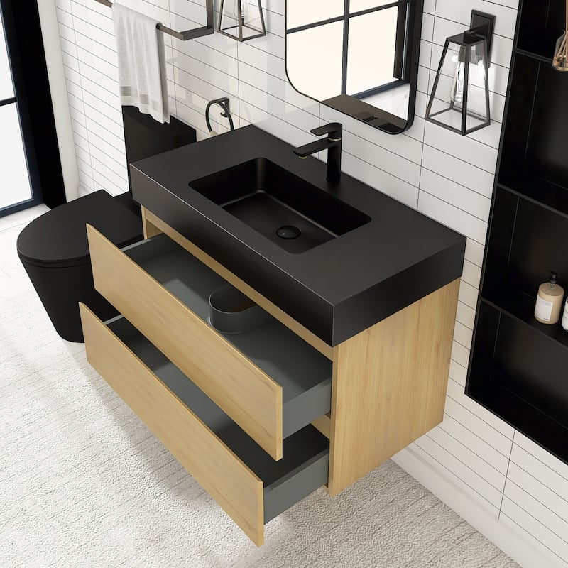 Floating Bathroom Vanity with Black Solid Surface Top