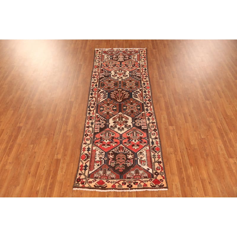 Hand Knotted Oriental 100% Wool Carpet Traditional Geometric Oranges & Rust Bakhtiari Runner Rug - 9' 6'' X 3' 4''