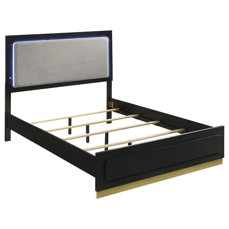 Caraway Contemporary Wood LED Panel Bed with Upholstered Headboard - Black (California King) - California King