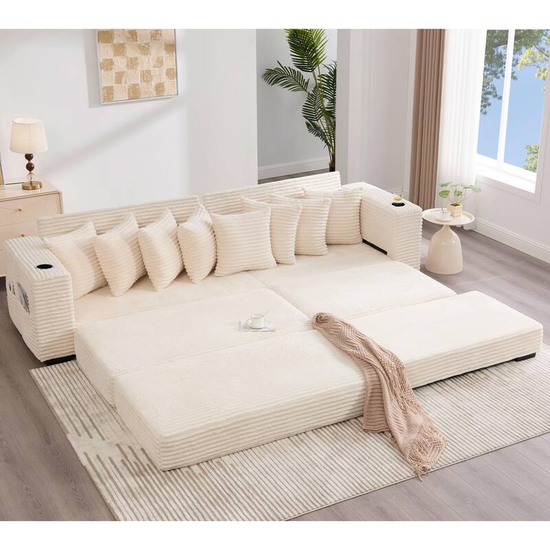 110.75" Corduroy Sectional Sofa, Convertible Sleeper Sofa Bed L-Shaped Upholstered Couch with Removable Footstool, Cup Holder