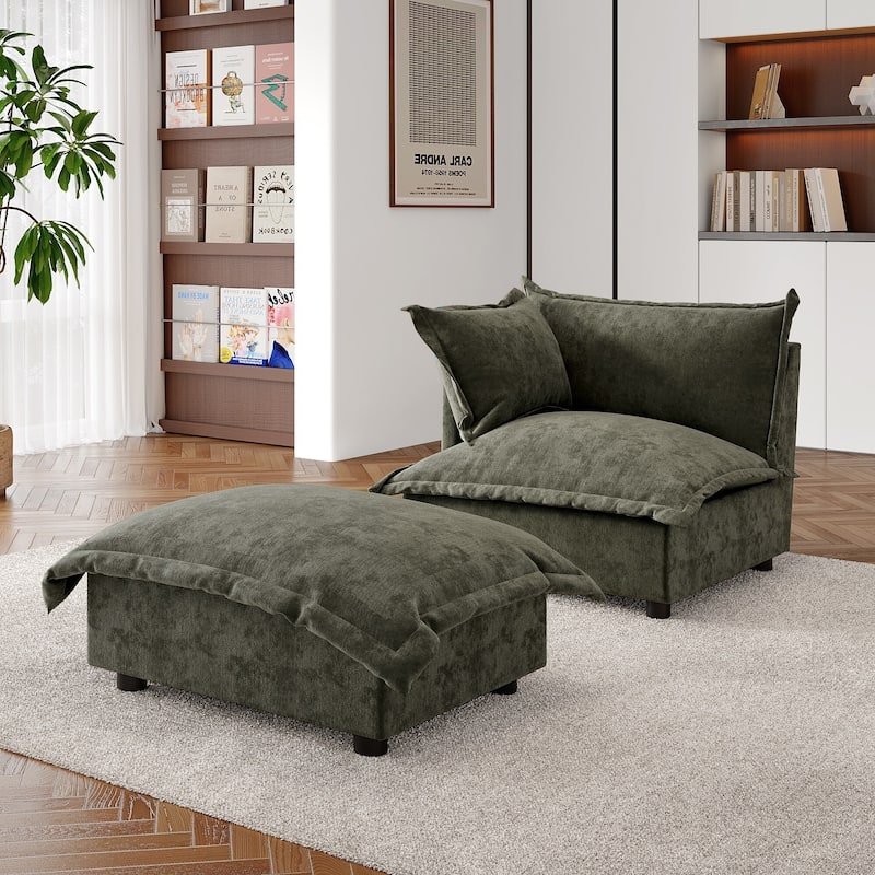 Double Layer Cushion Comfy Cloud Modular Sectional Sofa Set - Corner Sofa+Ottoman-Grey Green - Left Facing