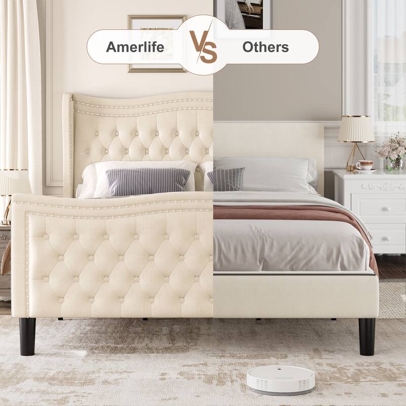 Wingback Platform Bed King Size Velvet Upholstered Bed with Nailhead Trim and Tufted Headboard Footboard, Wood Slats Support