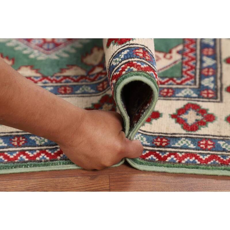 Green Geometric Kazak Foyer Rug Hand-Knotted Wool Carpet - 3'3" x 4'10"