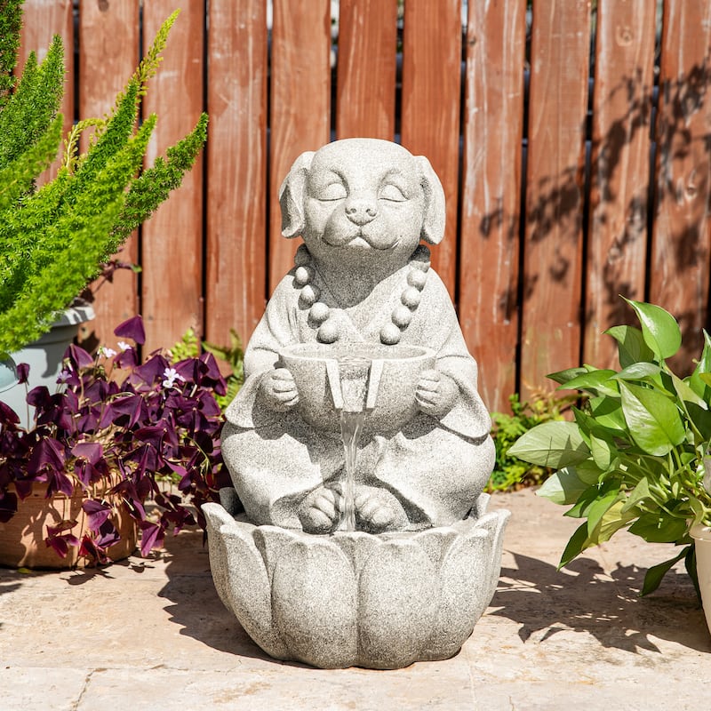 Glitzhome 21.75"H 2-Tiered Zen-Style Polyresin Cat Dog Statue Outdoor Fountain with LED Lights