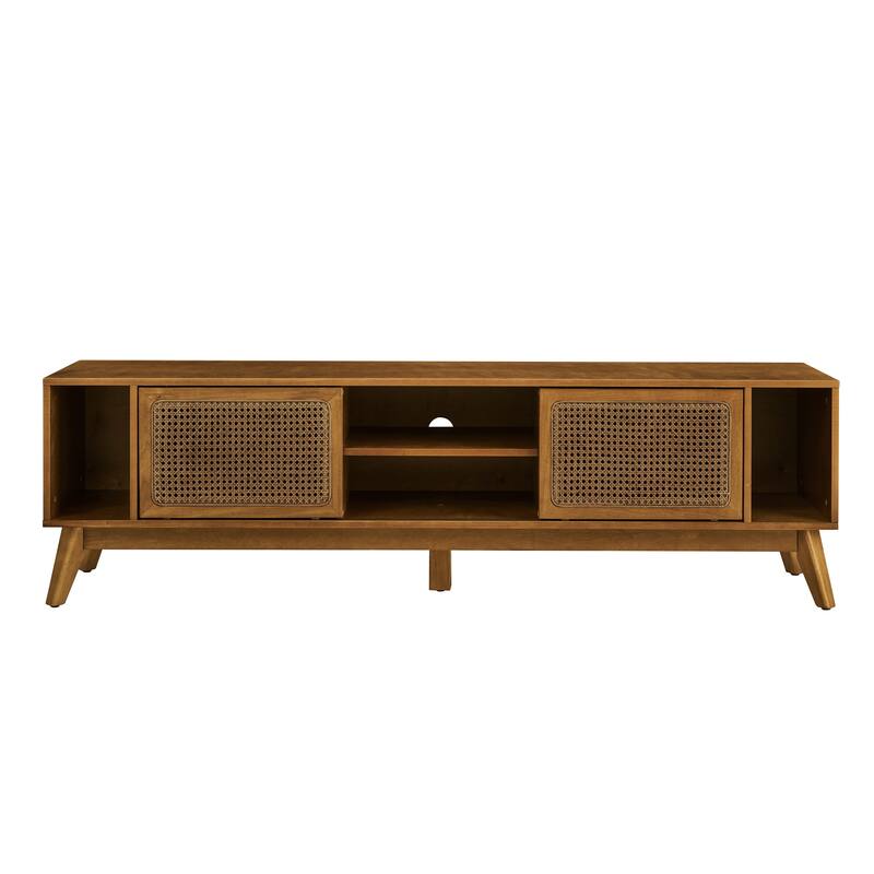 67.9 Inch Modern Rattan TV Stand for TVs up to 75", Entertainment Cabinet, Media Console,Solid Wood Feet & Rattan Cabinet Doors