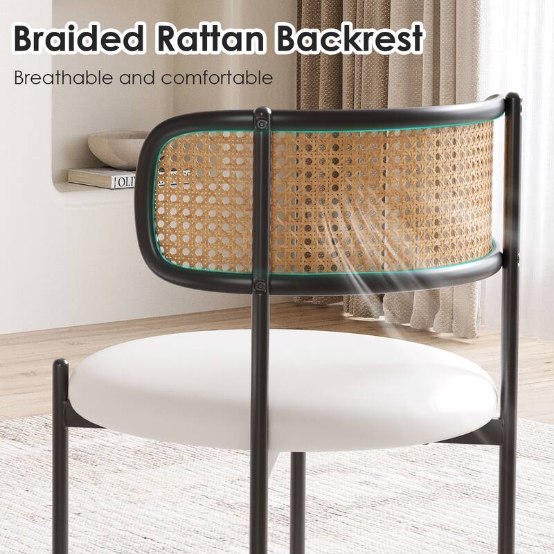 Dining Chairs Set of 4, PU Leather Upholstered Seat with Woven Rattan Back, Sturdy Metal Legs Modern Side Chairs