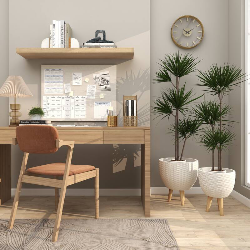 White or Gray Ceramic Indoor Outdoor Planter with Wood Legs (Set of 2)