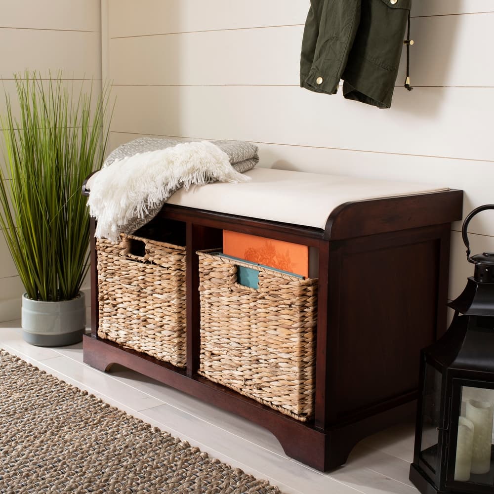 SAFAVIEH Euphemia Brown Woven Storage Basket Bench - 33.5" x 16.1" x 19.9" - 34"W x 16"D x 20"H