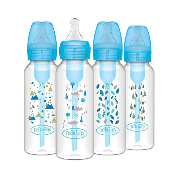 slide 1 of 1, Dr. Brown's Anti-Colic Options+ Narrow Baby Bottle, Blue Nature, 8 oz/250 mL, with Level 1 Slow Flow Nipple, 0m+, 4-Pack