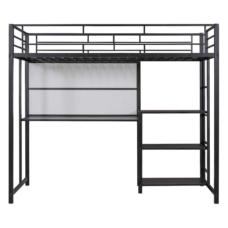 Roomfitters Twin Size Loft Bed with Desk and Whiteboard, Metal Loft Bed with 3 Shelves and Ladder, Durable & Easy to Assemble