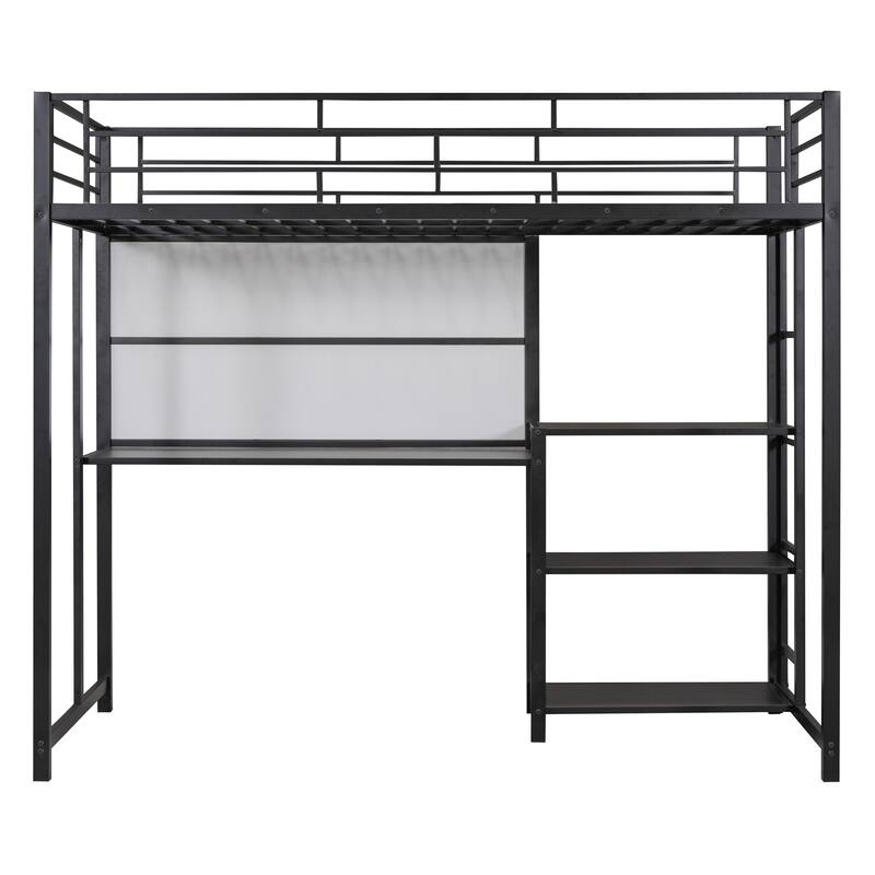 Twin Size Metal Loft Bed with Desk, Shelves, and Ladder - Sturdy Steel Frame for Kids' Exploration