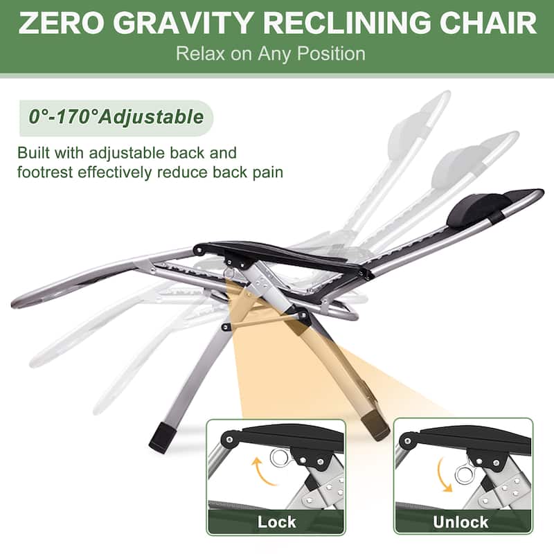 Folding Adjustable Zero Gravity Chair, with PIllow and Cushion, Black