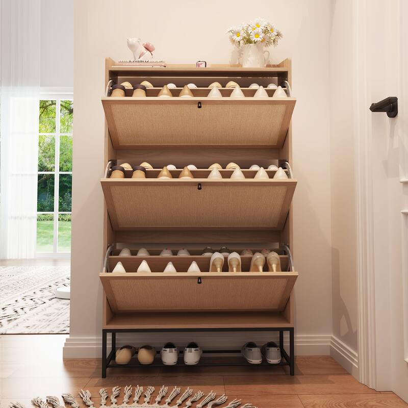 Wooden Shoe Storage Cabinet with triple-tier flip-up drawer