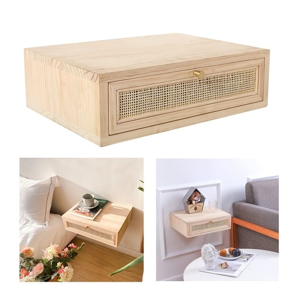 Pinewood Wall Mounted Rattan Shelf with Drawer Floating Bedside Table