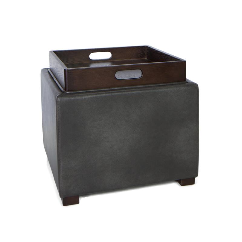 Cortesi Home Bonded Leather Mavi Black Storage Tray Ottoman