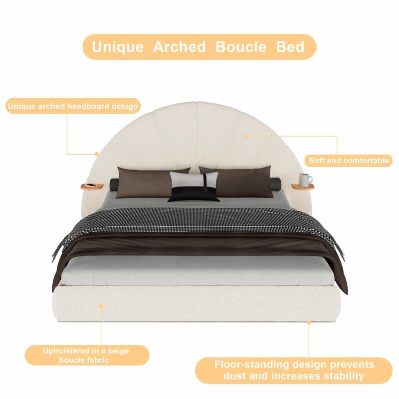 Unique Arched Bouclé Bed with Attached Small Table