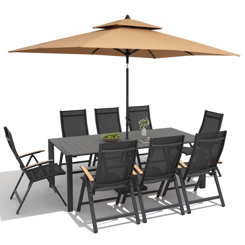 9/11-Piece Outdoor Patio Dining Set Aluminum Dining Table and Chairs w/10 ft Market Umbrella and Base