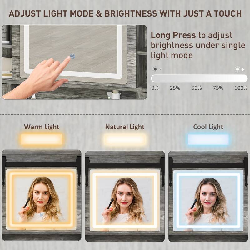 LED Dressing Table With 4 Drawers Cabinet Shelves And Stool - 42" W x 15.9" D x 54.1"H