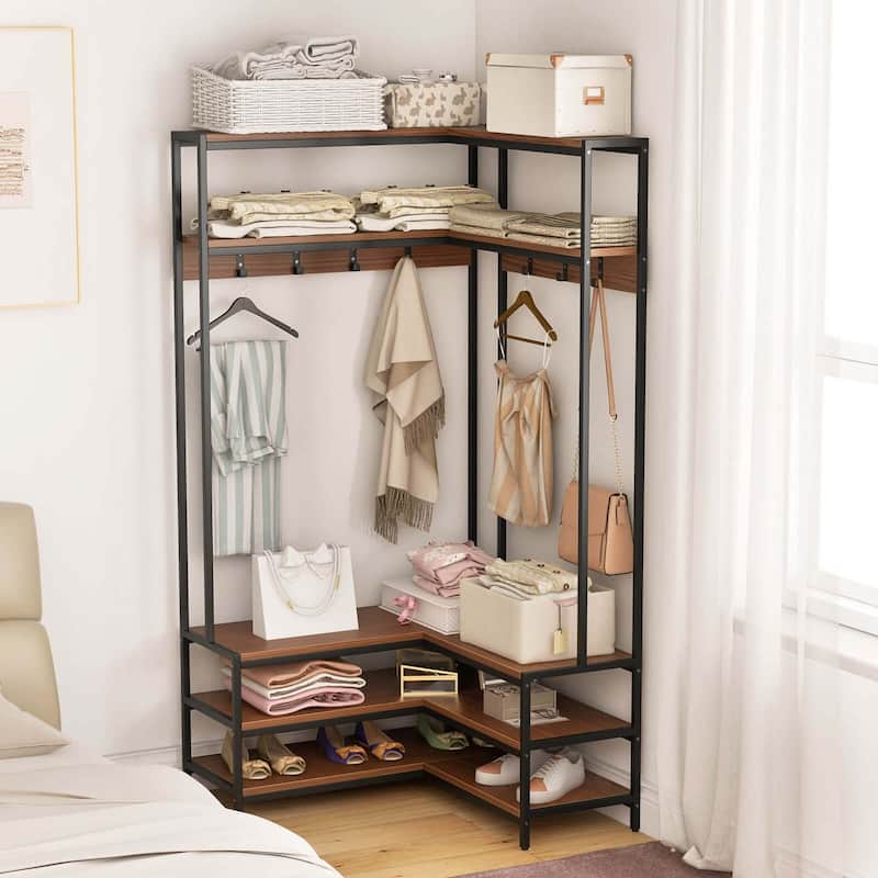 Costway Corner Garment Rack L-shaped Clothes Rack with Open Shelves & - See Details