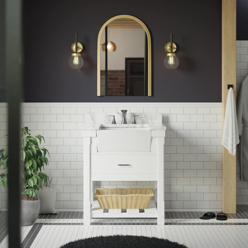 KitchenBathCollection Charlotte 30" Farmhouse Bathroom Vanity with Carrara Marble Top - White