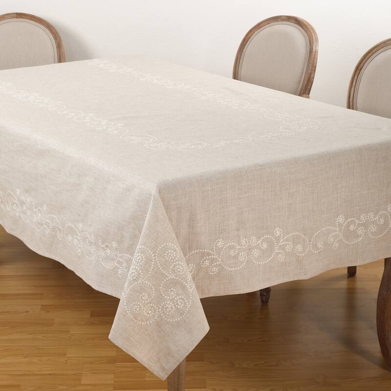 Embroidered Swirl Design Natural Linen Blend Tablecloth