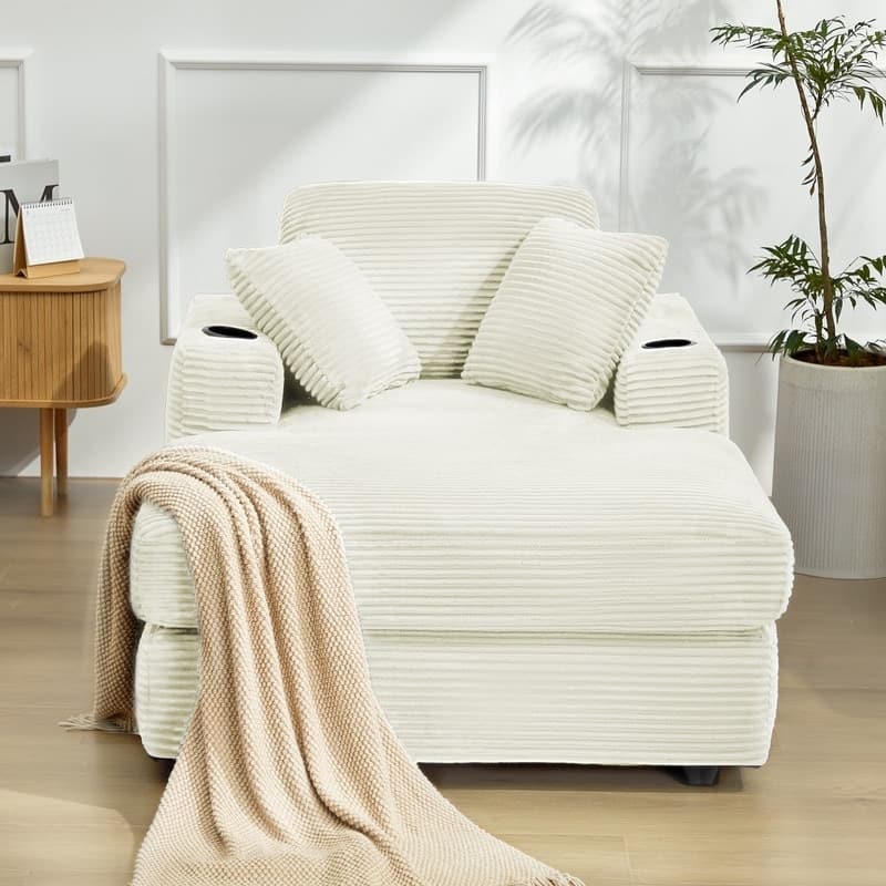 Oversized Corduroy Chaise Lounge Chair with Throw Pillows and Built-In Cup Holders