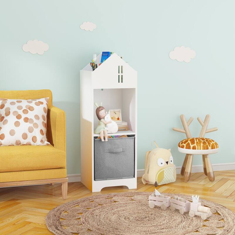 2-Tier Storage Display Kids Dollhouse Bookcase, Toddler Bookshelf with Collapsible Fabric Drawers for Bedroom or Playroom