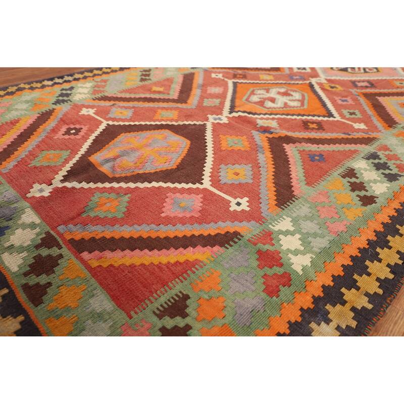 Kilim Qashqai Persian Vintage Rug Flatweave Orange Wool Carpet - 5'0"x 8'11"