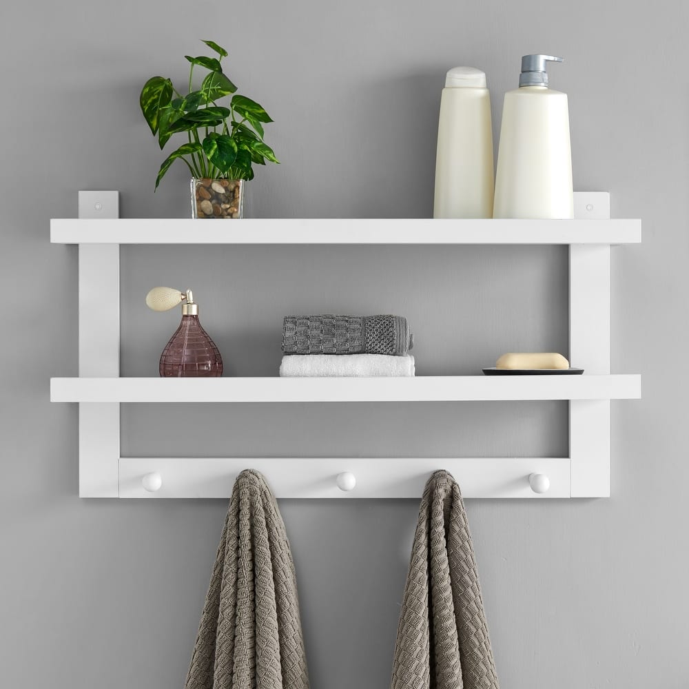 Danya B. 2-Tier Wall Shelf with 5 Hanging Hooks - Entryway or Bathroom