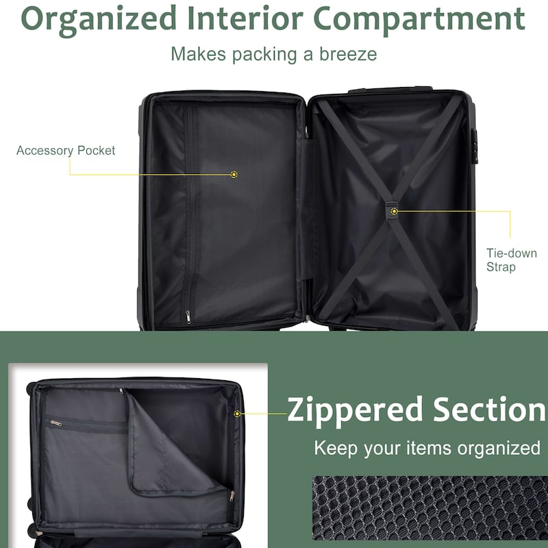 3 Piece Hard shell ABS Lightweight Durable Suitcases Set w/Double Spinner Wheels and Telescopic Handle