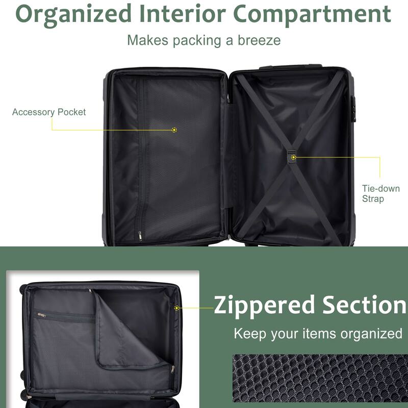 Hardshell Luggage 3 Piece Set with Side Handles, Spinner Wheels and Corner Protectors, for Boarding Travel