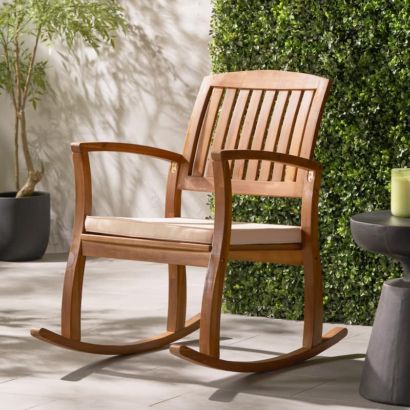 Roomfitters Rocking Chair with Slatted Backrest, Acacia Wood Frame and Cream Cushion, Outdoor Patio Furniture, Beige - Beige