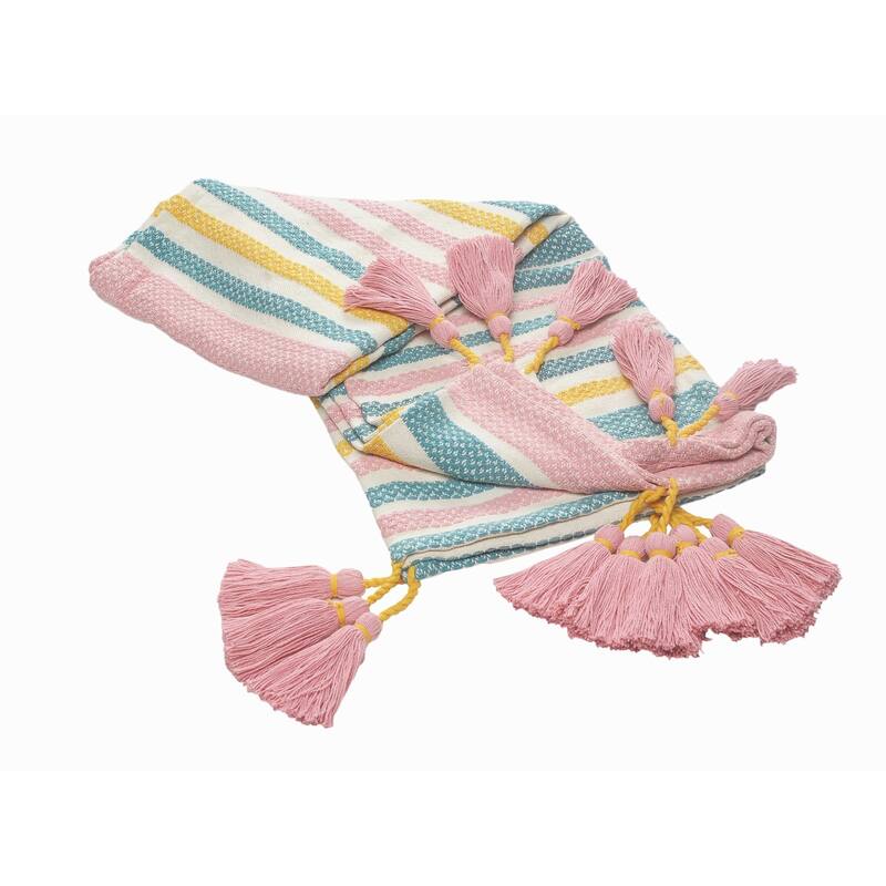 Sevita Pink, Blue, and Sunny Striped Standard Size Throw Blanket with Tassels