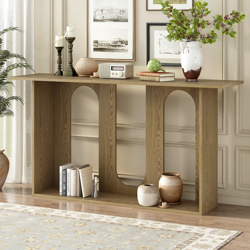 Curved Design Ash Veneer Console Table with Bottom Shelf, 60 Inch Extra Long Entryway Table Sofa Table for Living Room, Hallway