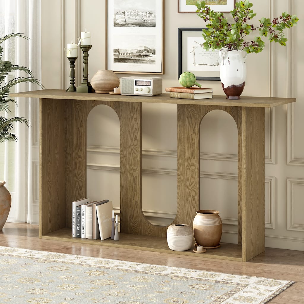 Modern Curved Design Ash Veneer Console Table with Lower Shelf, for Entryway Hallway Living Room, Foyer, Corridor