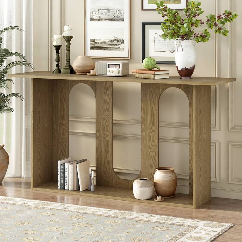 Modern Curved Design Ash Veneer Console Table with Lower Shelf, for Entryway Hallway Living Room, Foyer, Corridor - Beige