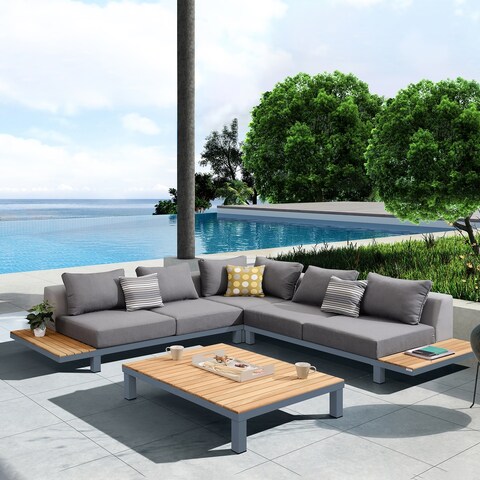 Armen Living Polo 4 piece Outdoor Sectional Set with Dark Gray Cushions and Modern Accent Pillows