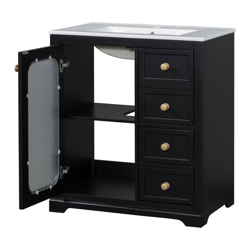 30''/36'' Bathroom Vanity with Sink, 3 Drawers Bathroom Storage Cabinet with Soft-Close Glass Door and Adjustable Shelf