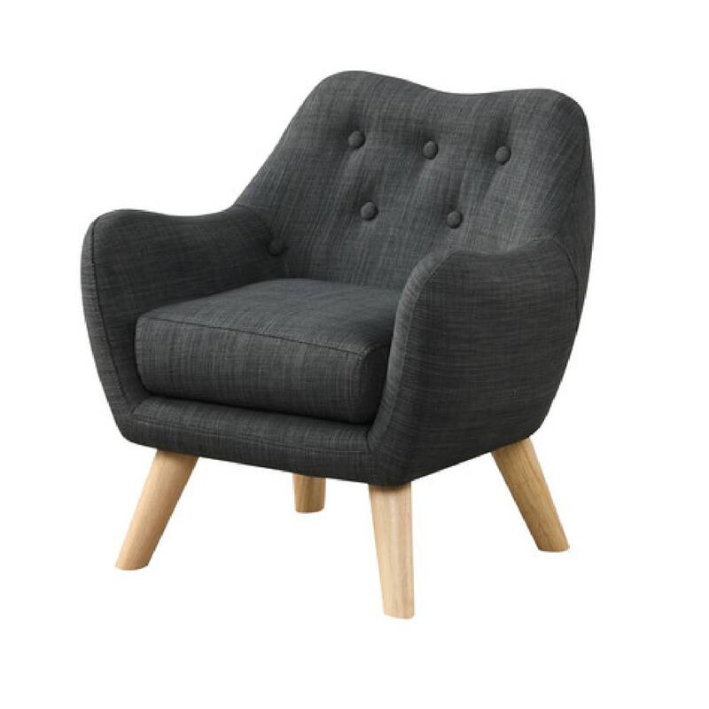 Binie Kids Chair with Wood Angled Legs, Gray Button Tufted Linen