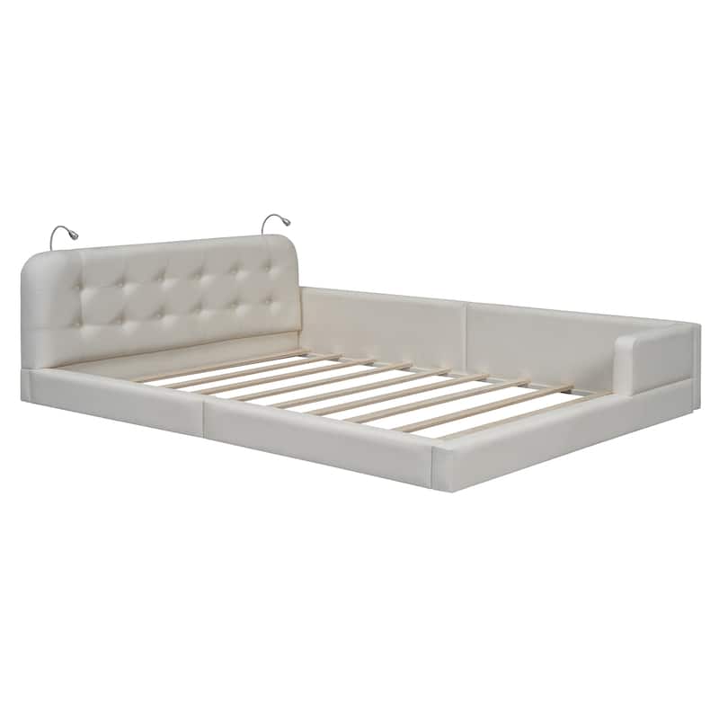 L-shape Platform Bed with Recessed Lights, Gingham Upholstered Queen Size