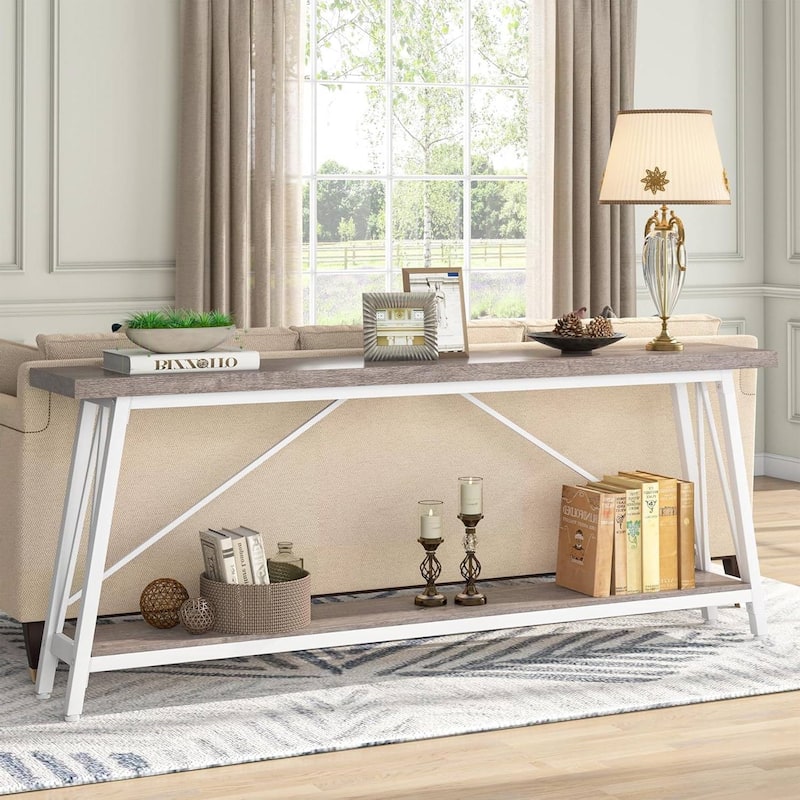 Heavy Duty 70-inch Industrial Brown Wood Top Sofa Table with White Metal Frame