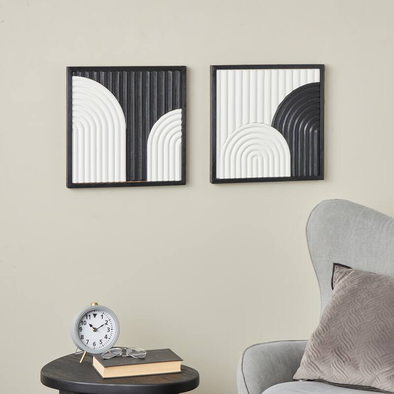 White Wood Handmade Overlapping Arches Geometric Home Wall Decor with Black Frame (Set of 2)