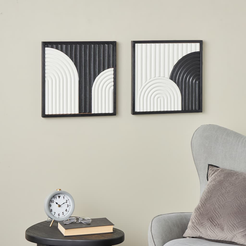 White Wood Handmade Overlapping Arches Geometric Home Wall Decor with Black Frame (Set of 2)