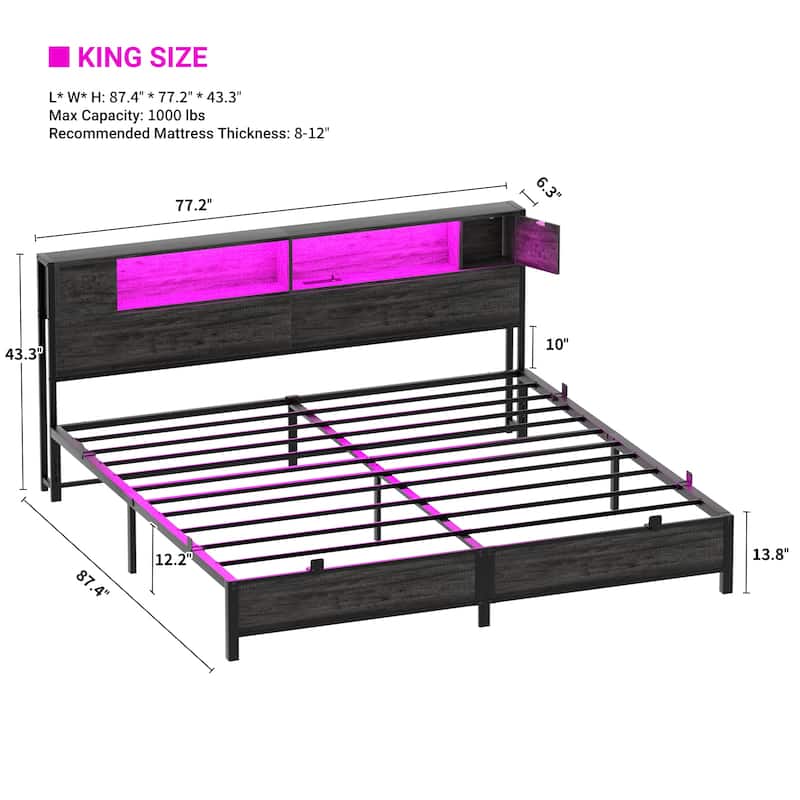 Storage Headboard Platform Bed Frame with Charge Station and LED Light