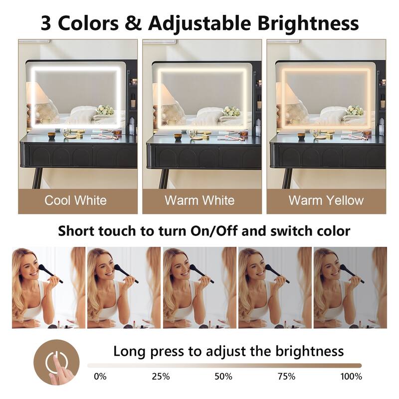 Modern Makeup Vanity Desk with LED Lights & Mirror, Extendable Dressing Table Set with Stool, 4 Drawer & Side Cabinet