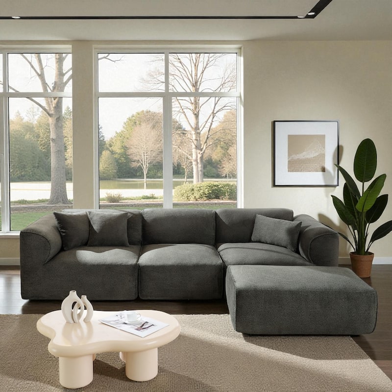 122" Luxury Velvet 4-Seater Sofa with Pure Sponge Cushions, Detachable Ottoman and 3 Throw Pillows for Living Room