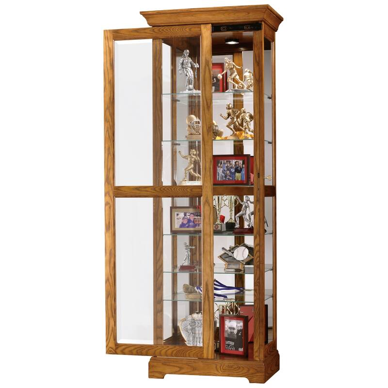 Howard Miller Moorland 2-Way Slider, Contemporary Modern, Transitional, Solid Oak Wood, Tall, 7-Shelf Living Room Curio Cabinet