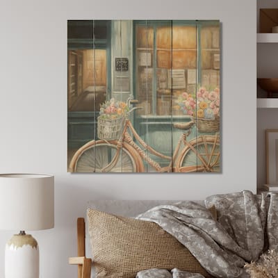 Designart 'Bicycle In Front A French Bakery III' Bicycle On The Beach Wood Wall Art - Natural Pine Wood
