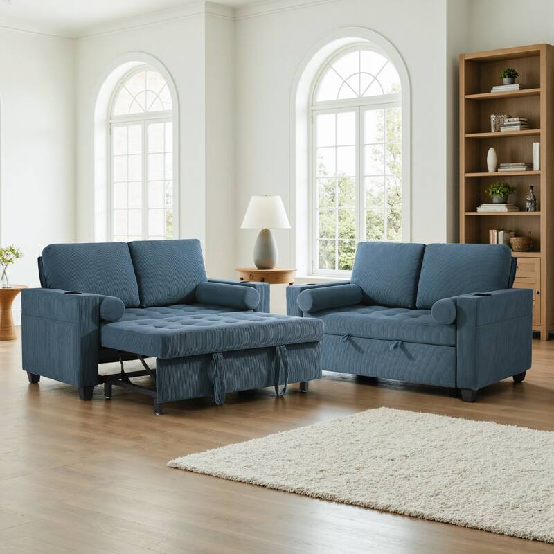 2 Set Corduroy Convertible Sleeper Sofa Bed Loveseats with Cup Holder, USB Ports - Navy Blue