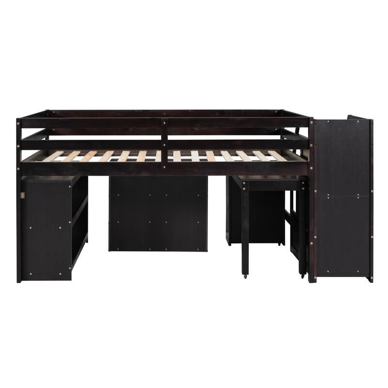Full Size Loft Bed with Retractable Desk, Storage Stairs, Shelves, and 3 Drawers in Espresso Finish